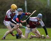 28 January 2017; Andrew Ormonde of Our Lady’s Templemore, supported by team-mate Ray McCormick, right, scores his side's first goal despite the efforts of Conor O'Brien of Nenagh CBS during the Dr. Harty Cup Semi-final match between Our Lady’s Templemore and Nenagh CBS at Toomevara in Co. Tipperary. Photo by Piaras Ó Mídheach/Sportsfile