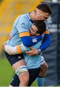 28 January 2017; Stephen Murphy of UCD is congratulated by teammate Brian Cawley after scoring his side's first try during the Ulster Bank League Division 1A match between UCD and  Cork Constitution at Belfield Bowl in UCD, Belfield, Dublin. Photo by Seb Daly/Sportsfile