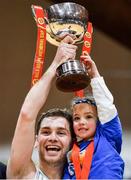 28 January 2017; Neptune captain Gary Walsh and his daughter Maisie lift the cup after the Hula Hoops President's Cup Final match between Neptune and EJ Sligo All Stars at National Basketball Arena in Tallaght, Co. Dublin. Photo by Brendan Moran/Sportsfile