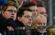 28 January 2017; Secretary of State for Northern Ireland, James Brokenshire MP, centre, Ulster GAA President Michael Hasson, right, and Provincial Director and CEO of Ulster GAA Brian McAvoy watch on during the Bank of Ireland Dr. McKenna Cup Final match between Tyrone and Derry at Pairc Esler in Newry, Co. Down. Photo by Oliver McVeigh/Sportsfile