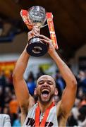 28 January 2017; Isaac Westbrooks of Griffith Swords Thunder lifts the trophy following his side's victory in the Hula Hoops Men's National Basketball Cup Final match between Pyrobel Killester and Griffith Swords Thunder at National Basketball Arena in Tallaght, Co. Dublin. Photo by Brendan Moran/Sportsfile