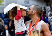 28 January 2017; Isaac Westbrooks of Griffith Swords Thunder with his daughter Eabha celebrate with the cup following his side's victory in the Hula Hoops Men's National Basketball Cup Final match between Pyrobel Killester and Griffith Swords Thunder at National Basketball Arena in Tallaght, Co. Dublin. Photo by Brendan Moran/Sportsfile