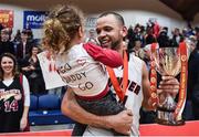 28 January 2017; Isaac Westbrooks of Griffith Swords Thunder is congratulated by his daughter Eabha after the Hula Hoops Men's National Basketball Cup Final match between Pyrobel Killester and Griffith Swords Thunder at National Basketball Arena in Tallaght, Co. Dublin. Photo by Brendan Moran/Sportsfile