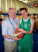 25 June 2011; Minister of State for of Tourism and Sport Michael Ring T.D., with Eileen Hayes, Team Ireland, from Kill, Co. Waterford, after a divisioning game. 2011 Special Olympics World Summer Games, OAKA Olympic Indoor Hall, Athens Olympic Sport Complex, Athens, Greece.  Picture credit: Ray McManus / SPORTSFILE