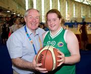 25 June 2011; Minister of State for of Tourism and Sport Michael Ring T.D., with Laura Reynolds, Team Ireland, from Ballymoney Upper, Co. Wicklow, after a divisioning game. 2011 Special Olympics World Summer Games, OAKA Olympic Indoor Hall, Athens Olympic Sport Complex, Athens, Greece.  Picture credit: Ray McManus / SPORTSFILE