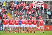 25 June 2011; Louth supporters hold up a banner as the Louth team stand during the National Anthem. GAA Football All-Ireland Senior Championship Qualifier Round 1, Louth v Meath, Kingspan Breffni Park, Co. Cavan. Picture credit: David Maher / SPORTSFILE