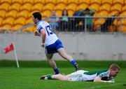 25 June 2011; Christopher McGuinness, Monaghan, celebrates after scoring his side's first goal past Offaly goalkeeper Alan Mulhall, Offaly. GAA Football All-Ireland Senior Championship Qualifier Round 1, Offaly v Monaghan, O'Connor Park, Tullamore, Co. Offaly. Picture credit: Dáire Brennan / SPORTSFILE