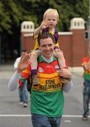 26 June 2011; Supporter Mark Kelly and his son Jarlath Kelly, age 3, from Ballyhouge, Co. Wexford, and living in Palatine, Co. Carlow, at the Leinster GAA Senior Football Championship Semi-Finals. Croke Park, Dublin. Photo by Sportsfile