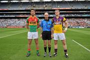 26 June 2011; Referee Michael Collins, with Wexford captain David Murphy, right, and Carlow captain Shane Redmond before the start of the game. Leinster GAA Football Senior Championship Semi-Final, Wexford v Carlow, Croke Park, Dublin. Picture credit: David Maher / SPORTSFILE