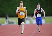 26 June 2011; David Killeen, left, from Leevale A.C., Co. Cork, comes to the line ahead of Stuart Roche, Clonliffe Harriers A.C., Co. Dublin, to win the Junior Men's 200m race during the Woodie’s DIY Junior and U23 Championships. Tullamore Harriers AC, Tullamore, Co. Offaly. Picture credit: Barry Cregg / SPORTSFILE