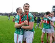 26 June 2011; Mayo players Aidan O'Shea, 9, and Keith Higgins celebrate after the game. Connacht GAA Football Senior Championship Semi-Final, Mayo v Galway, McHale Park, Castlebar, Co. Mayo. Picture credit: Matt Browne / SPORTSFILE