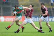 26 June 2011; Seamus O'Shea, Mayo, in action against Colin Forde and Gareth Bradshaw, 12, Galway. Connacht GAA Football Senior Championship Semi-Final, Mayo v Galway, McHale Park, Castlebar, Co. Mayo. Picture credit: Matt Browne / SPORTSFILE