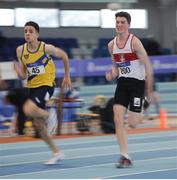 29 January 2017; Jack Dempsey of Galway City Harriers, Co Galway, right, and Joseph Finnegan Murphy of Dublin Striders AC, Co Dublin competing in the Junior Men 60m final during the Irish Life Health National Junior & U23 Indoor Championships at AIT International Arena in Athlone, Co Westmeath. Photo by Sam Barnes/Sportsfile