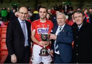 29 January 2017; Stephen McDonnell of Cork is presented with the cup by Munster GAA Chairman Jerry O'Sullivan, and representatives from Co-Op superstores following the Co-Op Superstores Munster Senior Hurling League final match between Limerick and Cork at the Gaelic Grounds in Limerick. Photo by Eóin Noonan/Sportsfile