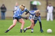 29 January 2017; Caoimhe Mohan of Monaghan in action against Martha Byrne of Dublin during the Lidl Ladies Football National League Round 1 match between Dublin and Monaghan at Naomh Mearnóg in Portmarnock, Co Dublin. Photo by David Fitzgerald/Sportsfile