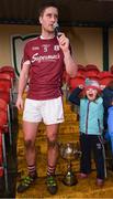 29 January 2017; Gary O'Donnell of Galway gives a speech after being presented with the cup, alongside his niece Ella O'Donnell, age 4, following the Connacht FBD League Final match between Roscommon and Galway at Kiltoom in Co Roscommon. Photo by Stephen McCarthy/Sportsfile