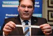 29 January 2017; Former Leinster Rugby president Robert McDermott hold the team name of Ashbourne during the Bank of Ireland Provincial Towns Cup Round 2 Draw at Portarlington RFC in Portarlington, Co Laois. Photo by Seb Daly/Sportsfile