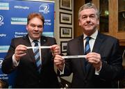 29 January 2017; Former Leinster Rugby president Robert McDermott, left, and current Leinster Rugby president Frank Doherty, right, hold up the team names of Athy and North Kildare respectively during the Bank of Ireland Provincial Towns Cup Round 2 Draw at Portarlington RFC in Portarlington, Co Laois. Photo by Seb Daly/Sportsfile