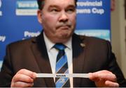 29 January 2017; Former Leinster Rugby president Robert McDermott hold the team name of Navan during the Bank of Ireland Provincial Towns Cup Round 2 Draw at Portarlington RFC in Portarlington, Co Laois. Photo by Seb Daly/Sportsfile