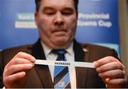 29 January 2017; Former Leinster Rugby president Robert McDermott hold the team name of Skerries during the Bank of Ireland Provincial Towns Cup Round 2 Draw at Portarlington RFC in Portarlington, Co Laois. Photo by Seb Daly/Sportsfile