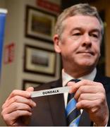 29 January 2017; Leinster Rugby President Frank Doherty holds the team name of Dundalk during the Bank of Ireland Provincial Towns Cup Round 2 Draw at Portarlington RFC in Portarlington, Co Laois. Photo by Seb Daly/Sportsfile