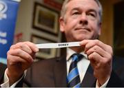 29 January 2017; Leinster Rugby President Frank Doherty holds the team name of Gorey during the Bank of Ireland Provincial Towns Cup Round 2 Draw at Portarlington RFC in Portarlington, Co Laois. Photo by Seb Daly/Sportsfile