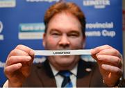 29 January 2017; Former Leinster Rugby president Robert McDermott hold the team name of Longford during the Bank of Ireland Provincial Towns Cup Round 2 Draw at Portarlington RFC in Portarlington, Co Laois. Photo by Seb Daly/Sportsfile