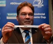 29 January 2017; Former Leinster Rugby president Robert McDermott holds the team name of Athy during the Bank of Ireland Provincial Towns Cup Round 2 Draw at Portarlington RFC in Portarlington, Co Laois. Photo by Seb Daly/Sportsfile