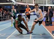 29 January 2017; Brandon Arrey of Blarney/Inniscara A.C., left, and Zak Irwin of North Sligo A.C. competing in the Men's U23 400m during the Irish Life Health National Junior & U23 Indoor Championships at AIT International Arena in Athlone, Co Westmeath. Photo by Sam Barnes/Sportsfile