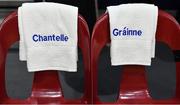 29 January 2017; Towels on the seats of Chantelle Alford, left, and Grainne Dwyer of Ambassador UCC Glanmire on the team benches prior to the Hula Hoops Women's National Cup Final match between Team Ambassador UCC Glanmire and Courtyard Liffey Celtics at the National Basketball Arena in Tallaght, Co Dublin. Photo by Brendan Moran/Sportsfile