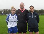 29 January 2017; The referee with Monaghan captain Ciara McAnespie and Dublin captain Sinead Aherne ahead of the Lidl Ladies Football National League Round 1 match between Dublin and Monaghan at Naomh Mearnóg in Portmarnock, Co Dublin. Photo by David Fitzgerald/Sportsfile