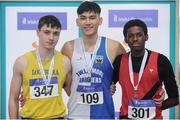29 January 2017; Junior Men's Triple Jump medallists, from left, Brendan Lynch of Loughrea A.C., silver, Jordan Haong of Tullamore Harriers A.C., gold, and Sean Thompson of Lucan Harriers, bronze, during the Irish Life Health National Junior & U23 Indoor Championships at AIT International Arena in Athlone, Co Westmeath. Photo by Sam Barnes/Sportsfile