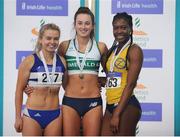29 January 2017;  Junior Women's 60m medallists, from left, Molly Scott of St Laurence O'Toole A.C., silver, Ciara Neville of Emerald A.C., gold, and Gina Akpe-Moses of Blackrock A.C., bronze, during the Irish Life Health National Junior & U23 Indoor Championships at AIT International Arena in Athlone, Co Westmeath. Photo by Sam Barnes/Sportsfile