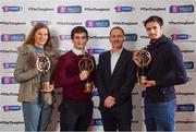 30 January 2017; Pictured are Slaughtneil’s Chris McKaigue, right, Cormac O’Doherty, centre left, and Aoife Ní Chaiside with their trio of awards alongside Brian Keating, Group Propositions & Brands Director, AIB. AIB Ulster Club Footballer, Hurler and Camogie Player of the Year as voted for by the Irish sports media. Sponsor to both the GAA and Camogie Club Championships, AIB honoured eleven club players from camogie, football and hurling at the annual AIB Provincial Club Player Awards in Croke Park. For exclusive content and behind the scenes action from the Club Championships follow AIB GAA on Twitter and Instagram @AIB_GAA and facebook.com/AIBGAA. Photo by Ramsey Cardy/Sportsfile