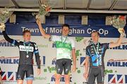 26 June 2011; Winner Matt Brammeier, HTC Highroad, centre, celebrates on the podium with second place Daniel Martin, Garmin Cervelo, and third place David McCann, Giant Kenda, at the Elite Men's Road Race National Championships. Scotstown, Co. Monaghan. Picture credit: Stephen McMahon / SPORTSFILE