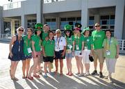 26 June 2011; Team Ireland swimmer Aisling Beacom, Wicklow Town, Co. Wicklow, with from left, Karen Coventry, Elaine Taylor, Sarah Kate Doyle, Tony Ryan, Pam Beacom, her mum, Kate Louise O'Neill, Lynda O'Neill,  Kate Ryan, Shane Beacom and Grainne Morris, after winning the first medal for Team Ireland, a bronze in the 800m freestyle, at the OAKA Olympic Aquatic Center, Athens Olympic Sport Complex. 2011 Special Olympics World Summer Games, Athens, Greece. Picture credit: Ray McManus / SPORTSFILE