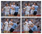 26 June 2011; Composite image of the clash between Kildare's Eoghan O'Flaherty, Ronan Sweeney and Rory O'Carroll, Dublin, resulting with Ronan Sweeney, receiving a yellow card from referee Cormac Reilly. Leinster GAA Football Senior Championship Semi-Final, Dublin v Kildare, Croke Park, Dublin. Picture credit: David Maher / SPORTSFILE