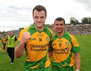26 June 2011; Michael Murphy and Frank McGlynn, right, Donegal celebrate after the game. Ulster GAA Football Senior Championship Semi-Final, Tyrone v Donegal, St Tiernach's Park, Clones, Co. Monaghan. Picture credit: Oliver McVeigh / SPORTSFILE