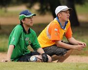 27 June 2011; Team Ireland's Gary Fleming, Monkstown, Co. Cork, relaxes with his his caddy Donal Deady, Bruree, Co. Limerick, as he waits his turn on the 17th tee box during the qualifying rounds at the Glyfada Golf Course. 2011 Special Olympics World Summer Games, Athens, Greece. Picture credit: Ray McManus / SPORTSFILE