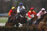 27 January 2002; Geos, with Mick Fitzgerald up, jumps the last on their way to finishing sixth in the AIG Europe Champion Hurdle during Horse Racing at Leopardstown in Dublin. Photo by Matt Browne/Sportsfile