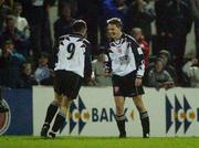7 February 2002; Martin Reilly of Dundalk, right, celebrates with team-mate Gary Haylock after scoring his side's first goal during the FAI Carlsberg Cup Quarter-Final match between Dundalk and Finn Harps at Oriel Park in Dundalk, Louth. Photo by David Maher/Sportsfile