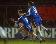 7 February 2002; Tom Mohan of Finn Harps, left, celebrates with team-mate Niall Cooke after scoring his side's first goal during the FAI Carlsberg Cup Quarter-Final match between Dundalk and Finn Harps at Oriel Park in Dundalk, Louth. Photo by David Maher/Sportsfile