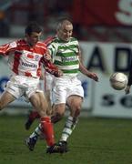8 February 2002; Owen O'Donoghue of Sligo Rovers in action against Derek Tracey of Shamrock Rovers during the FAI Carlsberg Cup Quarter-Final match between Shamrock Rovers and Sligo Rovers at Tolka Park in Dublin. Photo by Damien Eagers/Sportsfile