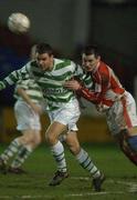 8 February 2002; Stephen Grant of Shamrock Rovers in action against Jim Sheridan of Sligo Rovers during the FAI Carlsberg Cup Quarter-Final match between Shamrock Rovers and Sligo Rovers at Tolka Park in Dublin. Photo by Damien Eagers/Sportsfile