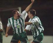 8 February 2002; Eddie Gormley, left and Barry O'Connor, both of Bray Wanderers, celebrate after Mick Doohan had scored his sides equalizing goal during the FAI Carlsberg Cup Quarter-Final match between Bohemians and Bray Wanderers at Dalymount park in Dublin. Photo by David Maher/Sportsfile