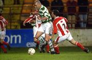 8 February 2002; Derek Tracey of Shamrock Rovers in action against Rafael Cretaro of Sligo Rovers during the FAI Carlsberg Cup Quarter-Final match between Shamrock Rovers and Sligo Rovers at Tolka Park in Dublin. Photo by Damien Eagers/Sportsfile