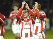 8 February 2002; Owen O'Donoghue of Sligo Rovers applauds the fans following the FAI Carlsberg Cup Quarter-Final match between Shamrock Rovers and Sligo Rovers at Tolka Park in Dublin. Photo by Brian Lawless/Sportsfile