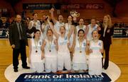 11 February 2002; The Mount Temple Team celebrate with the cup following their sides victory in the Bank of Ireland Schools Cup U19 Girls Final match between Our Lady's Grove, Goatstown, Dublin, and Mount Temple Comprehensive, Dublin, at the ESB Arena in Tallaght, Dublin. Photo by Brendan Moran/Sportsfile