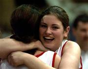11 February 2002; Roisin Cunningham of St Catherine's celebrates with team-mate Aoife Rodgers after victory over Cabinteely in the Bank of Ireland Schools Cup U16 &quot;C&quot; Girls Final match between Cabinteely Community School, Dublin, and St Catherine's Vocational school, Killybegs, Donegal, at the ESB Arena in Tallaght, Dublin. Photo by Brendan Moran/Sportsfile
