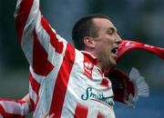 10 February 2002; Liam Coyle of Derry City celebrates after scoring a late equalising goal during the FAI Carlsberg Cup Quarter-Final match between UCD and Derry City at Belfield Park in Dublin. Photo by David Maher/Sportsfile